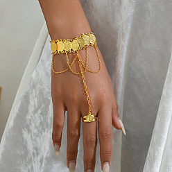 Золотой Медный браслет из латунных цепочек для монет в стиле Ближнего Востока с подвеской-кисточкой, регулируемые браслеты с кольцами для женщин, золотые, 4-3/8 дюйм (11 см), внутренний диаметр: 7-1/8 дюйм (18 см), Кольцо: 16~18 mm