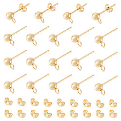 Настоящее золото 24K 30 шт 304 детали серьги-гвоздики из нержавеющей стали, с петлей, круглые, с 30 шт 304 ушными гайками из нержавеющей стали, реальный 24 k позолоченный, 15x7x4 мм, отверстие : 1.7 мм, штифты : 0.8 мм