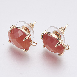 Оранжево-Красный Серьги из граненого стекла, с петлей, латунные выводы, овальные, оранжево-красный, 14x10x5 мм, отверстия: 1 мм, штифты: 0.8 мм