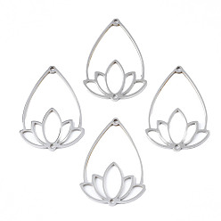 Нержавеющая Сталь Цвет Устойчивые к потускнению 201 подвески-соединители из нержавеющей стали, слезинка с цветком, цвет нержавеющей стали, 35x25x1.5 мм, отверстие : 1.2 мм