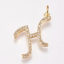 Letter H Brass Micro Pave Cubic Zirconia Letter Pendants, Golden, Letter.H, 19x19x2mm, Hole: 3mm