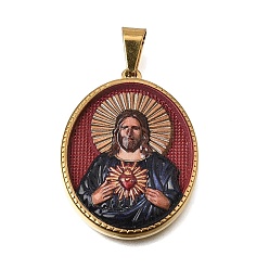 Golden Ion Plating(IP) Printed Religion 304 Stainless Steel Pendants, with 201 Stainless Steel Snap On Bails, Oval with Jesus & Sacred Heart Charms, Colorful, Golden, 35.5~36x26~27x4~5.5mm, Hole: 8x4mm