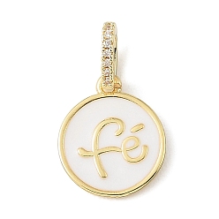 White Brass Micro Pave Clear Cubic Zirconia & Enamel Pendants, Flat Round with Word Fé Charms, Rack Plating, Long-Lasting Plated, Cadmium Free & Lead Free, Real 18K Gold Plated, White, 17x14x2mm, Hole: 6x3.5mm