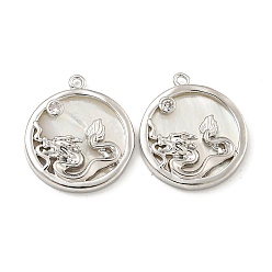 Платинированный Латунные микропаве прозрачные подвески с фианитом, без кадмия, без никеля и без свинца, с белой скорлупой, плоский круглый с подвесками в виде дракона, Реальная платина, 20x17.5x3 мм, отверстие : 1.4 мм