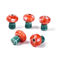 Orange Red Handmade Porcelain Beads, Hand Painted Ceramic Beads, Mushroom, Famille Rose Porcelain, Orange Red, 11.5~12.5x10~10.5mm, Hole: 1.6~2mm
