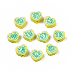 Green Yellow Handmade Polymer Clay Beads, Heart with Flower Pattern, Green Yellow, 9x9~10x4~5mm, Hole: 1.5mm
