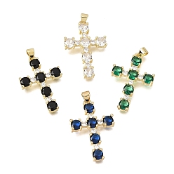 Mixed Color Brass Pave Cubic Zirconia Pendants, Cross with Round Charms, Long-Lasting Plated, Cadmium Free & Lead Free, Real 18K Gold Plated, Mixed Color, 31.5x21x4mm, Hole: 4x3.5mm
