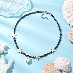 Нержавеющая Сталь Цвет Летние пляжные ожерелья с подвесками из синтетической бирюзы и натуральной морской звезды каури, ожерелья из натурального кокоса с 304 цепочкой на конце из нержавеющей стали, цвет нержавеющей стали, 16.89 дюйм (42.9 см)