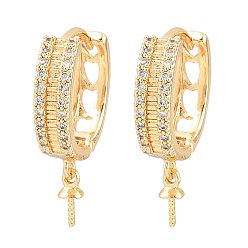 Oro Micro pavé de latón, circonita cúbica transparente, pendientes de aro huggie, patrón del corazón, por medio perforó perlas, chapado en rack, larga duración plateado, dorado, 23x15.5x4.5 mm, pin: 0.8 mm