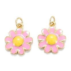 Pink Brass Enamel Pendants, Real 18K Gold Plated, Long-Lasting Plated, Flower, Pink, 15x13x2mm, Hole: 3.4mm