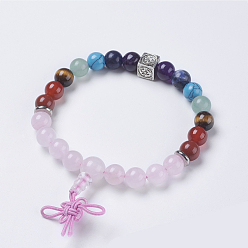 Rosenquarz Chakra-Schmuck, natürliche Stretch-Armbänder aus Rosenquarz und Mischstein-Buddha, mit Messing-Zubehör, Würfel mit Om-Symbol, 2-1/4 Zoll (58 mm), Anhänger: 40x10 mm