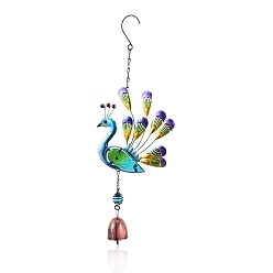 Dark Turquoise Bell Wind Chimes, Glass & Iron Art Pendant Decorations, Peacock, Dark Turquoise, 360x150mm