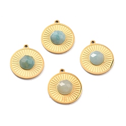 Амазонит Природные подвески амазонит, с ионным покрытием (ip) 304 выводы из нержавеющей стали, реальный 24 k позолоченный, плоско-круглые, 15.5x13.5x3.5 мм, отверстие : 1 мм