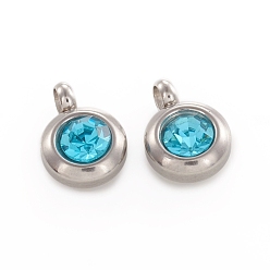 Аквамарин Модный оригинальный цвет 304 из нержавеющей стали граненый хрусталь класса плоские круглые очаровывает подвески, очарование первобытного камня апреля, цвет нержавеющей стали, аквамарин, 9x6.5x4 мм, отверстие : 2 мм