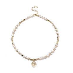 White Brass Virgin Mary Pendant Necklace with Natural Pearl Beaded Chains for Women, White, 17.17 inch(43.6cm)
