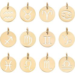 Золотой 304 подвески из нержавеющей стали, плоский круглый с созвездием / знак зодиака, золотые, 12x1 мм, отверстие : 3 мм, 12 шт / комплект