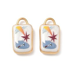 White 304 Stainless Steel Enamel Pendants, Rectangle with Star Pattern Charms, Golden, White, 17.5x9x4mm, Hole: 3.5mm