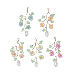 (52) Непрозрачная лаванда Подвески из бисера, с латунной найти, цветок с листа, золотой свет, разноцветные, 40.5~44.5x21~24.5x6 мм, отверстие : 2 мм