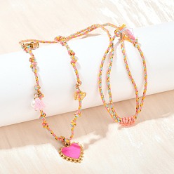 Настоящее золото 18K 304 подвеска в виде розового сердца из нержавеющей стали с эмалью, регулируемые ожерелья из хлопкового шнура, со стеклом и АБС-пластиком с имитацией жемчуга, ионное покрытие (ip), реальный 18 k позолоченный, 30.31 дюйм (77 см)