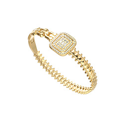 Настоящее золото 18K Квадратные 304 браслеты из нержавеющей стали с микропаве из прозрачных кубических цирконий, шарнирные браслеты для женщин, реальный 18 k позолоченный, внутренний диаметр: 2-3/8 дюйм (6 см)