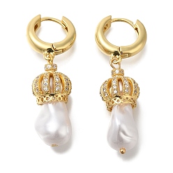 Настоящее золото 18K Серьги-кольца из латуни с микропаве из прозрачного кубического циркония, с пластмассовой жемчужиной abs, долговечный, без свинца и без кадмия, реальный 18 k позолоченный, 42x11~11.5 мм