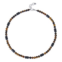 Тигровый глаз 6Мм круглые ожерелья из натурального тигрового глаза и столбчатой лавы для женщин и мужчин, платина, 17.72 дюйм (45 см)