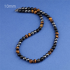 Смешанные камни Ожерелья из круглых бусин из синтетического немагнитного гематита, натурального тигрового глаза и обсидиана для мужчин, платина, 19.69 дюйм (50 см), бусина : 10 mm