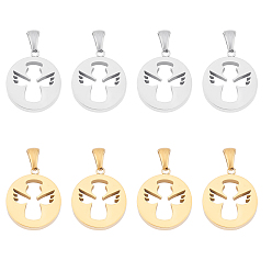 Couleur Dorée & Acier Inoxydable Pendentifs en acier inoxydable, creux, polissage manuel, plat rond avec l'ange, or et acier inoxydable Couleur, 304mm, Trou: 20x17.5x3.5mm, 3x6 couleurs, 2 pcs / couleur, 4 pcs / boîte