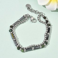 Африканский Бирюза(яшма) Многорядные бусины из натуральной африканской бирюзы (яшмы) и немагнитного синтетического гематита, вышитый бисером браслеты для женщин, с 201 нержавеющей сталью и 304 фурнитурой из нержавеющей стали, 7-1/2 дюйм (19.1 см)