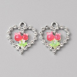 Лосось Платинового сплава горный хрусталь подвески, cmолой, сердце с подвесками в виде бабочек, salmon, 22x20x4~4.5 мм, отверстие : 2.5 мм
