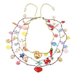 Разноцветный Сплав красного сердца, острого перца, рыбы, морской звезды, кисточки, хлопковый шнур 3 многослойные ожерелья для женщин, разнообразные, золотой свет, красочный, 16.54~28.74 дюйм (42~73 см)