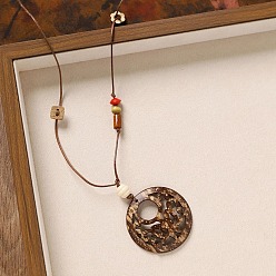 Flat Round Coconut Shell & Wood Flower Oval Flat Round Pendant Necklaces for Women, Coconut Brown, Flat Round, 31.50 inch(80cm), Pendant: 70x50mm