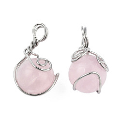 Rose Quartz Natural Rose Quartz Pendants, with Platinum Plated Brass Wire Wrapped, Round Charm, 28.5~34x18.5~20x17~19mm, Hole: 4~5.5mm