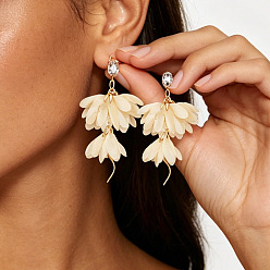 Blanco Antiguo Aretes de diamantes de imitación de aleación, flor, pendientes colgantes de tela para mujer, dorado, blanco antiguo, 135x70 mm