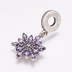 Сине-фиолетовый Таиланд 925 европейские подвески из стерлингового серебра, Подвески с большими отверстиями, с кубического циркония, снежинка, античное серебро, синий фиолетовый, 32 мм, отверстие : 4.5 мм, Кулон : 21x16x2.5 мм