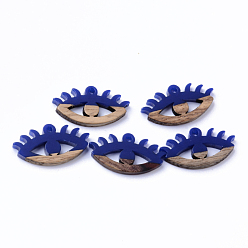 Medium Blue Resin & Walnut Wood Pendants, Eyes, Medium Blue, 14x27x4mm, Hole: 2mm