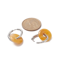 Topaz Jade Natural Tiger Eye Pi Disc/Donut Dangle Hoop Earrings, 304 Stainless Steel Jewelry for Women, 29.5mm, Pin: 1mm
