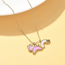 Настоящее золото 18K 304 подвеска из нержавеющей стали с розовой эмалью и натуральной белой ракушкой, радужный кулон в виде единорога, ожерелье для женщин, реальный 18 k позолоченный, 17.48 дюйм (44.4 см)