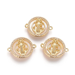 Golden Brass Micro Pave Cubic Zirconia Links connectors, with Shell, Flat Round with Virgin Mary, Clear, Golden, 15x20x3mm, Hole: 1.2mm