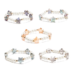 Mixed Color Glass Pearl & Star Beaded Stretch Bracelet for Women, Mixed Color, Inner Diameter: 2 inch(5.2~5.4cm)