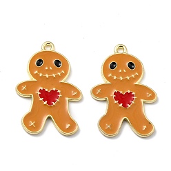 Light Gold Halloween Theme Alloy Enamel Pendants, Gingerbread Man with Red Heart, Light Gold, 26.5x18x1.5mm, Hole: 1.6mm