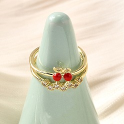 Настоящее золото 16K Латунные эмалевые микропаве прозрачные кубические цирконии открытые манжеты кольца для женщин, без кадмия и без свинца, вишня, реальный 16 k позолоченный, регулируемый; 9.5мм