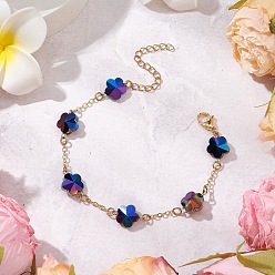 Полуночно-синий Латунные кабельные цепи бусины браслеты для женщин, слива, с гальваническими стеклянными бусинами и 304 фурнитурой из нержавеющей стали, темно-синий, 7 дюйм (17.7 см)