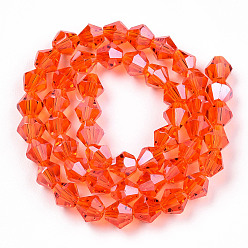 Coral Electroplate Glass Beads Strands, Pearl Luster Plated, Faceted, Bicone, Coral, 6x5.5~6mm, Hole: 1mm, about 44~47pcs/strand, 11.02 inch