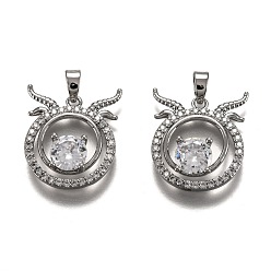 Овен Латунные прозрачные кубические циркониевые подвески в виде созвездий, долговечный, Реальная платина, Овен, 16x22x4.5 мм, отверстие : 4.5x2 мм