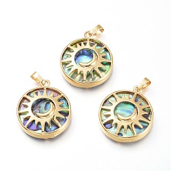 Золотой Подвески из натурального ушка / ракушки, с латунной фурнитурой , плоский круг с луной и солнцем, золотые, 31.5x27.5x6.5 мм, отверстие : 4.5x7 мм