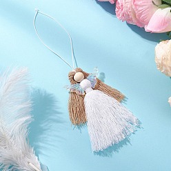 Белый Подвесные украшения из полиэстера и стекла в виде ангела, с бусинами из натурального необработанного дерева, белые, 210~215 мм