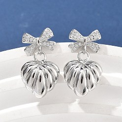 Платина Серьги-гвоздики с бантом из латуни с микропаве из прозрачных кубических цирконий для женщин, стойки покрытие, прочное покрытие, без кадмия и без свинца, платина, 26.5x15.5 мм