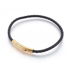 Black Braided Leather Cord Bracelet Making, with 316 Surgical Stainless Steel Clasps, Golden, Black, 8-1/2 inch(21.5cm), 3mm