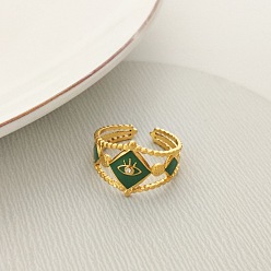Зеленый 204 из нержавеющей манжеты кольца стальные эмалированные, золотые, ромб с рисунком от сглаза, зелёные, ромб: 15 мм, внутренний диаметр: 18 мм